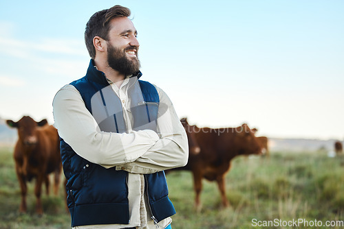 Image of Smile, cow and agriculture with man on farm for sustainability, production or thinking industry growth. Agro, arms crossed or management of farmer on countryside field for dairy, animals for nature