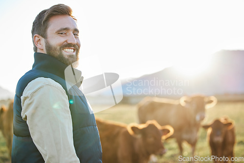 Image of Sustainability, cows and portrait of farmer with smile on field, happy farm in countryside with dairy and beef production. Nature, meat and milk farming, sustainable business in agriculture and food.