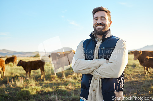 Image of Farming, confidence and cows and portrait of man with smile on field, happy farm in countryside with dairy and beef production. Nature, meat and milk farmer, sustainable business in food industry.