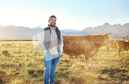 Image of Sustainability, farming and portrait of farmer with cows on field, happy man in countryside with dairy and beef production. Nature, meat and milk farm, sustainable business in agriculture and food.