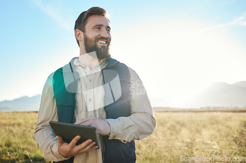 Image of Research or agriculture man on tablet on farm for sustainability, production or industry growth analysis. Agro, happy or farmer on countryside field for weather, checklist or data search in Texas