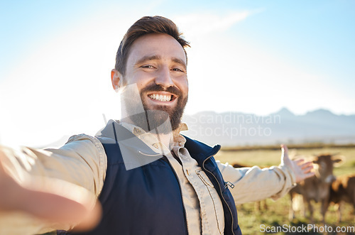 Image of Selfie, agriculture or man video call with cow for social media, eco friendly blog or agro small business advertising. Marketing, face or happy farmer portrait for sustainability or 5g networking