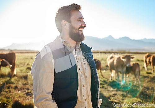 Image of Sustainability, farming and man with cows on field, happy farmer in countryside with mountains, dairy and beef production. Nature, meat and milk farm, sustainable business in eco agriculture and food