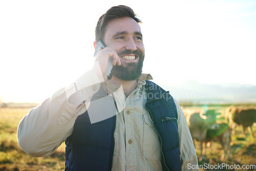 Image of Agriculture, farm or man with phone call for cow planning B2B sale deal, strategy or success networking. Happy, communication or farmer on smartphone for sustainability, marketing or cattle promotion