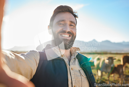 Image of Agriculture, cow or man for selfie on farm for social media, eco friendly blog or agro small business advertising. Marketing smile, happy farmer portrait or video call for sustainability of animals