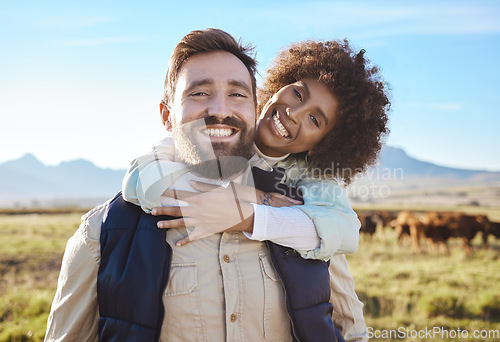 Image of Happy, cow and portrait of couple on farm for agriculture, nature and growth. Teamwork, animals and hug with man and woman in grass field of countryside for sustainability, cattle and environment