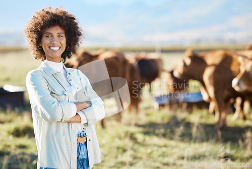 Image of Smile, cow and agriculture woman on farm for sustainability, production or thinking industry growth. Agro, arms crossed or management of farmer on countryside field for dairy, animals for nature