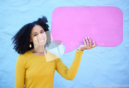 Image of Speech bubble, black woman and portrait in studio for advertising, mockup and space on blue background. Face, girl and billboard, branding and paper for product placement, marketing and copy space