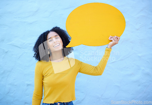 Image of Speech bubble, portrait and black woman in studio for advertising, mockup and space on blue background. Face, girl and billboard, branding and paper for product placement, marketing and copy space