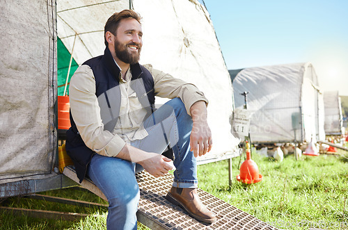 Image of Man, thinking and chicken farm on countryside grass, land or field with ideas, vision or success mindset for food industry. Smile, happy and relax poultry farmer with agro export motivation in nature