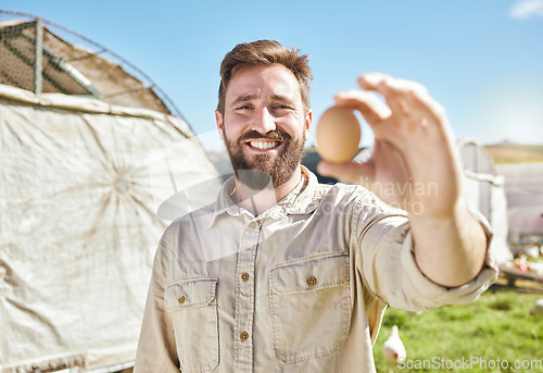 Image of Farm, agriculture and portrait of farmer with egg for inspection, growth production and food industry. Poultry farming, organic and man with chicken eggs for order, protein market and quality control