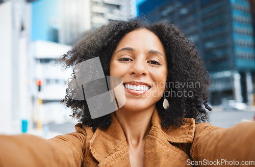 Image of Black woman, city and selfie with smile, sunshine and urban adventure on sidewalk in summer. Girl, outdoor and street for digital photo, profile picture or web app with happiness, holiday or travel