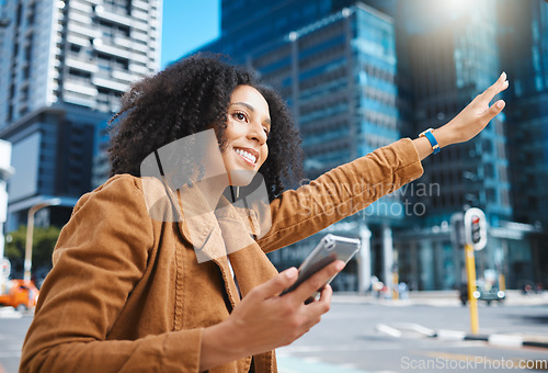 Image of Black woman, city and stop taxi with hand, phone and sunshine on urban adventure in summer. Girl, outdoor on sidewalk or street in metro for transport, bus or ride service with app, holiday or travel