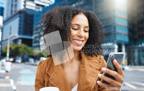 Image of Black woman, city and texting with phone, smile or sunshine on outdoor adventure in summer. Girl, urban sidewalk or street in metro for social media, app and chat with happiness, holiday or travel