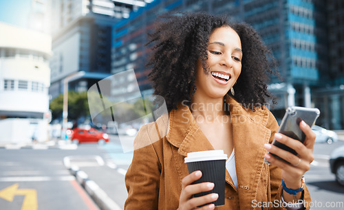 Image of Black woman, city and laughing with phone, coffee and social network with smile. Happy female walking in urban street with mobile technology, smartphone or reading funny notification on 5g connection