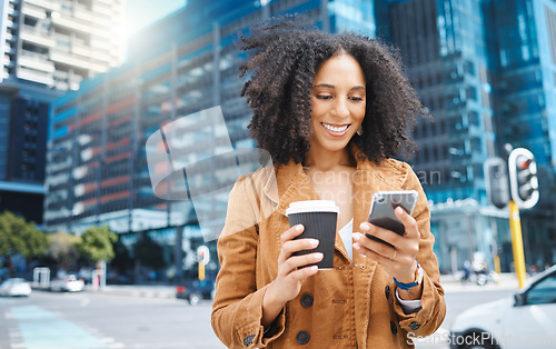 Image of Black woman, urban city and coffee with phone on social network, internet search and smile. Happy female walking in street with mobile technology, smartphone and reading notification on 5g connection