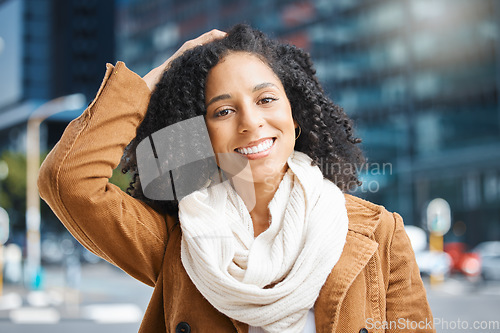 Image of Travel, portrait and black woman in a city, happy and smile on vacation against urban background. Face, smile and tourist on holiday on New York, cheerful and relax downtown for fun, freedom or break