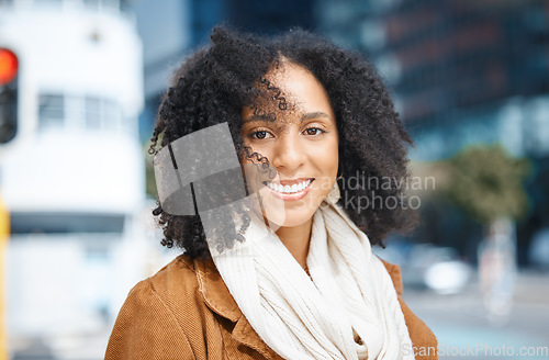 Image of Freedom, travel and portrait of black woman in a city, happy and smile on vacation against urban background. Face, smile and tourist on holiday on New York, cheerful and relax downtown for exploring