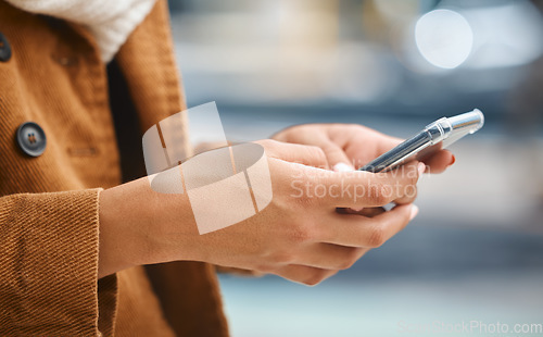 Image of Hands, phone and woman in city typing on social network, internet search and gps navigation for travel. Urban app, closeup and mobile technology, smartphone and online connection of web notification