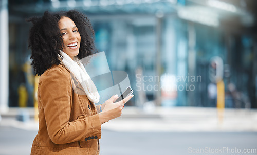 Image of City, phone and portrait of black woman walking, communication or social media networking on way to work. Travel, 5g technology and winter fashion person on smartphone chat in urban street or road