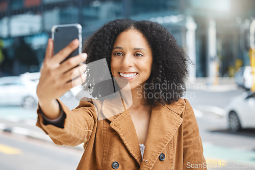 Image of Selfie, travel and black woman in a city, happy and smile on vacation against urban background. Blog, social media and girl influencer live streaming trip in New York for online, followers or network