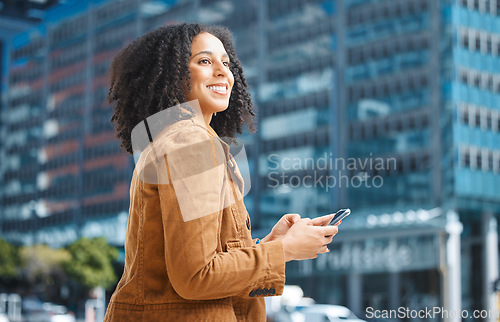 Image of Black woman, phone or thinking in city, town or urban street in morning commute, travel or lunch break. Smile, happy or creative worker on mobile communication technology for gps location map or idea