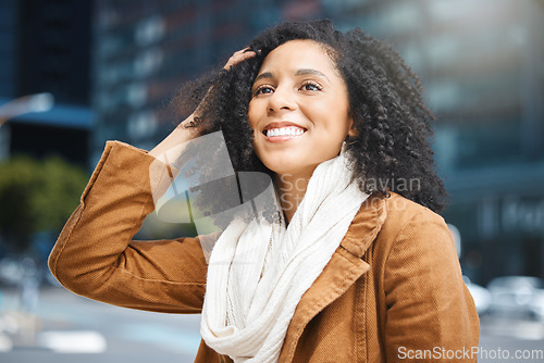 Image of Travel, freedom and black woman in a city, happy and smile on vacation against urban background. Face, smile and tourist on holiday on New York, cheerful and relax downtown for fun, journey or break