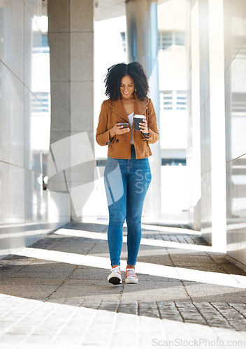 Image of Black woman, phone or walking with coffee in city, town or urban street in morning commute, travel or office lunch break. Smile, happy or creative worker on mobile communication technology with tea
