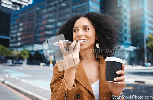 Image of Black woman, city and talking with phone, voice and loudspeaker of speech. Happy female, street and mobile microphone for communication, audio chat and recording conversation on 5g digital connection