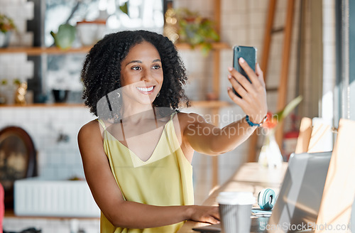 Image of Black woman, coffee shop and selfie with smile, happiness and relax for social media, app or profile picture. Young gen z girl, student and cafe with smartphone, photo and laptop for research study