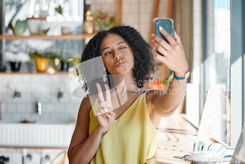 Image of Black woman, cafe and selfie with peace sign, hands and relax for social media, app or profile picture. Young gen z girl, student and coffee shop with smartphone app, photo and happiness in morning