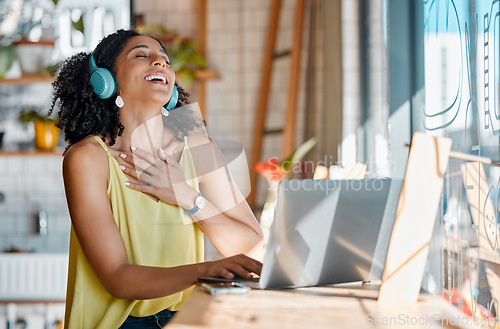 Image of Video call, laptop and black woman laugh in coffee shop for talking, virtual conversation and networking. Communication, cafe and happy girl with headphones on computer for freelance and remote work