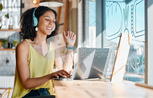 Image of Video call, coffee shop and business black woman on laptop for meeting, virtual conference and network. Communication, cafe and girl with headphones on computer for webinar, freelance and remote work