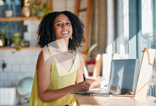 Image of Black woman, portrait and writing in cafe, laptop or planning remote worker, freelance research or restaurant. Happy female in coffee shop, notes and computer technology of blogging on social network