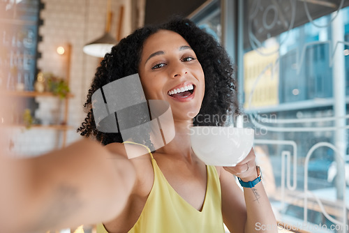 Image of Happy black woman, portrait and selfie in coffee shop, restaurant or bistro of lunch, latte and easy lifestyle. Face, cafe and girl smile with cup of tea drink, cappuccino and photograph of happiness