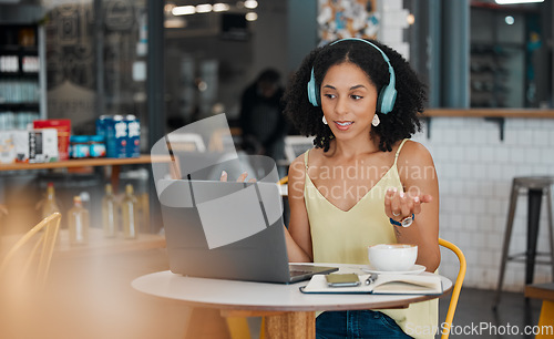 Image of Video call, laptop and black woman in coffee shop for meeting, virtual conference and networking. Communication, remote work and freelance girl on computer talking, speaking and in discussion in cafe