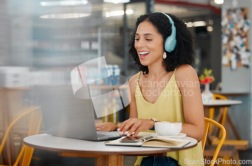 Image of Coffee shop, laptop and black woman laugh on video call for meeting, virtual conference and network. Communication, remote work and happy girl on computer for webinar, discussion and talking in cafe