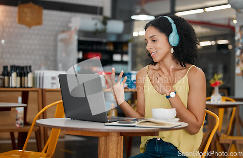 Image of Video call, remote work and black woman in coffee shop on laptop talking, in discussion and meeting. Communication, freelance and girl on computer for webinar, virtual conference and networking