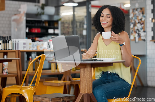 Image of Cafe, innovation and laptop with a black woman blogger in a restaurant for research while doing remote work. Coffee shop, freelance and a female startup entrepreneur working on a small business blog