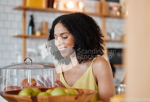 Image of Black woman, cafe and choose croissant with happy smile for snack, food or treat at breakfast to start morning. Girl, bakery or coffee shop with decision, thinking or choice for sweet french bread