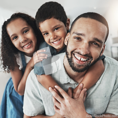 Image of Children, family and portrait of father with kids on sofa, hug and happy while bonding in their home. Face, girl and boy with parent embrace, relax and playing in living room on the weekend together