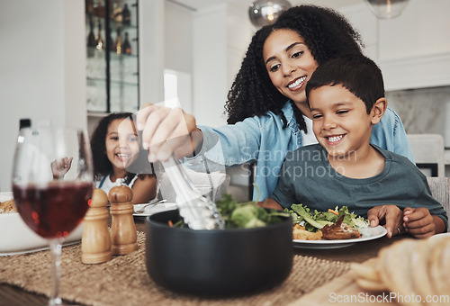 Image of Mother, kids and eating food in home together for lunch, dinner table and healthy meal. Happy family, mom and children smile for dining in house with love, care and happiness of delicious supper