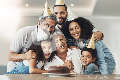 Image of Family, portrait and happy birthday celebration with a hug for senior woman with a cake, love and care. Children, parents and grandparents together for party to celebrate excited grandma with dessert