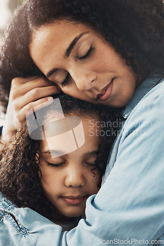 Image of Love, mother and girl hug, happy and bonding for care, loving and support on break, relax and solidarity. Family, mama and daughter embrace, quality time and trust with mom, female kid and happiness