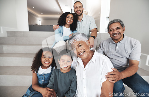 Image of Love, home stairs and portrait of happy family bonding, relax and enjoy quality time together in Brazil. Smile, happiness and youth children, parents and grandparents in vacation house