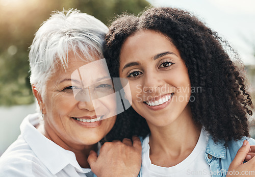 Image of Face portrait, happy family or elderly mother with daughter bonding, relax or enjoy quality time together in backyard. Outdoor, vacation love and senior mom, woman or people in Brazil