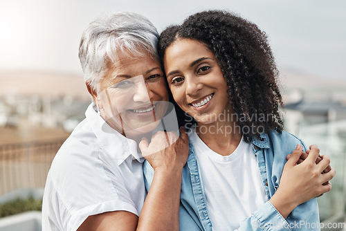 Image of Portrait, happy family or senior mom with daughter bonding, relax or enjoy quality time together in backyard. Lawn, outdoor vacation love and elderly mother, woman or people in Brazil