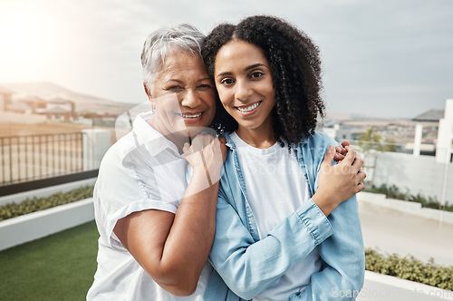 Image of Portrait, happy family or elderly mother with daughter bonding, relax or enjoy quality time together in backyard. Lawn, outdoor vacation love and elderly mom, woman or people in Brazil