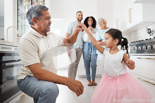 Image of Dance, grandfather and child together in family home kitchen for love, care or fun bonding, birthday and learning support. Teaching, dancing and Mexico girl or kid with senior people, elderly or man