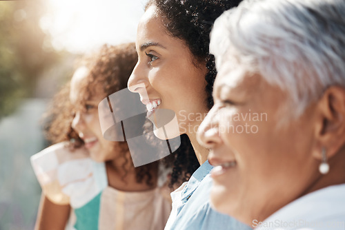 Image of Happy family generation of child, mother and grandmother bonding, smile or enjoy quality summer time together. Love, outdoor sunshine and face profile of people on vacation in Rio de Janeiro Brazil